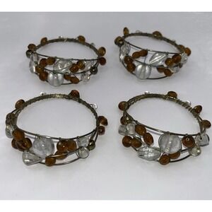 Estate Vintage 4 Napkin Rings Amber And Crystal Glass Stones‎ Elegance Quiet Lux
